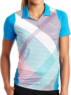 Puma Aqua Blue Striped Performance Polo with Pink Accent